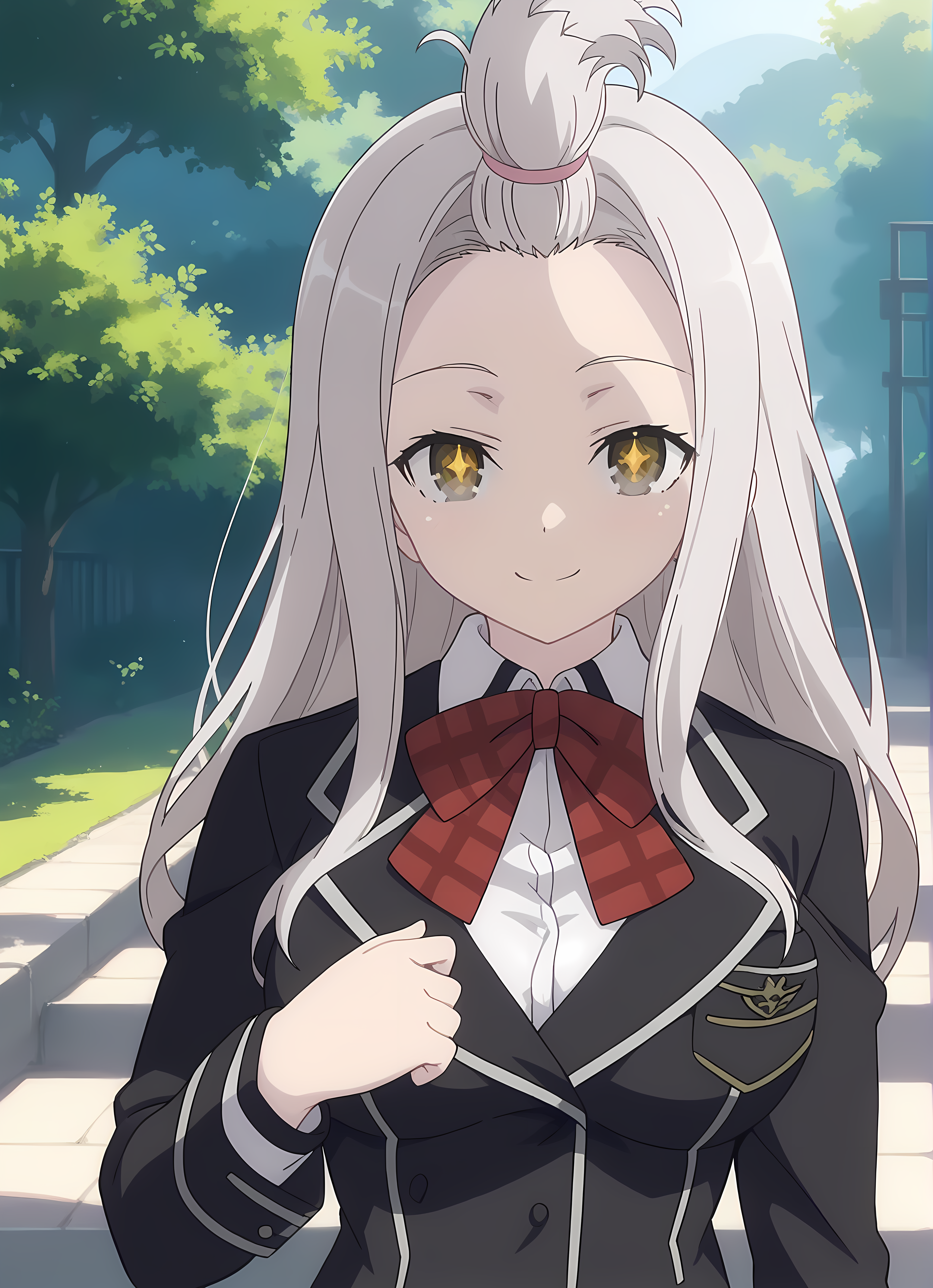 score_9,score_8_up,score_7_up,looking at viewer, shiny skin, upper body, light smile, petite,ohwx, long_hair, grey_hair, yellow_eyes, white_hair, brown_eyes, bangs_pinned_back, topknot, breasts, very_long_hair, large_breasts, symbol-shaped_pupils,school_uniform, bow, jacket, blazer, bowtie, shirt, plaid, skirt, socks, red_bow, bangs_pinned_back, topknot, plaid_skirt, long_sleeves, red_skirt, red_bowtie, black_socks, pleated_skirt, kneehighs, black_jacket, collared_shirt, shoes, loafers, official_style, white_shirt, plaid_bow, ribbon, miniskirt, Pathway through a Japanese zen garden with moss-covered stones, raked gravel, and soft lighting,<lora:yui_kurata_pony_sobsynapse-000001:1>
