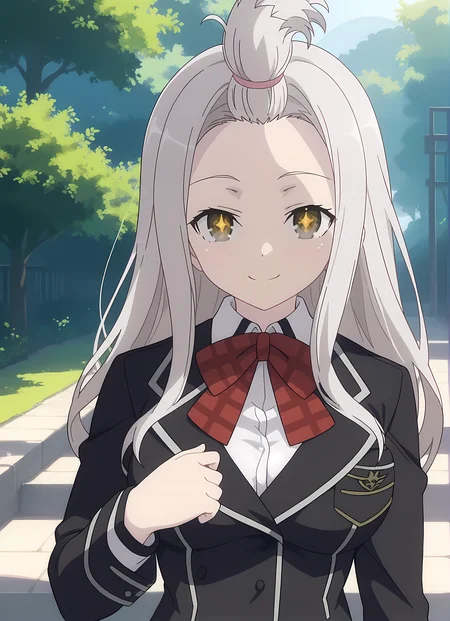 score_9,score_8_up,score_7_up,looking at viewer, shiny skin, upper body, light smile, petite,ohwx, long_hair, grey_hair, yellow_eyes, white_hair, brown_eyes, bangs_pinned_back, topknot, breasts, very_long_hair, large_breasts, symbol-shaped_pupils,school_uniform, bow, jacket, blazer, bowtie, shirt, plaid, skirt, socks, red_bow, bangs_pinned_back, topknot, plaid_skirt, long_sleeves, red_skirt, red_bowtie, black_socks, pleated_skirt, kneehighs, black_jacket, collared_shirt, shoes, loafers, official_style, white_shirt, plaid_bow, ribbon, miniskirt, Pathway through a Japanese zen garden with moss-covered stones, raked gravel, and soft lighting,<lora:yui_kurata_pony_sobsynapse-000001:1>