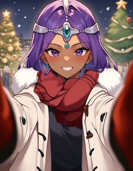 score_9, score_8_up, score_7_up, source_anime, <lora:dq-manya-ponyxl-lora-nochekaiser:1>, manya, dark skin, dark-skinned female, long hair, purple eyes, purple hair, medium breasts, <lora:pov-cheek-warming-ponyxl-lora-nochekaiser:1>, pov cheek warming, pov cheek warming (meme), winter gloves, duffel coat, fur-trimmed scarf, winter clothes, red mittens, meme, winter coat, red scarf, fur-trimmed coat, reaching towards viewer, reaching, mittens, fur-trimmed hood, white coat, open coat, scarf, coat, red gloves, snowing, pov, fur trim, depth of field, smile, blush,, christmas, christmas tree, christmas lights,,
