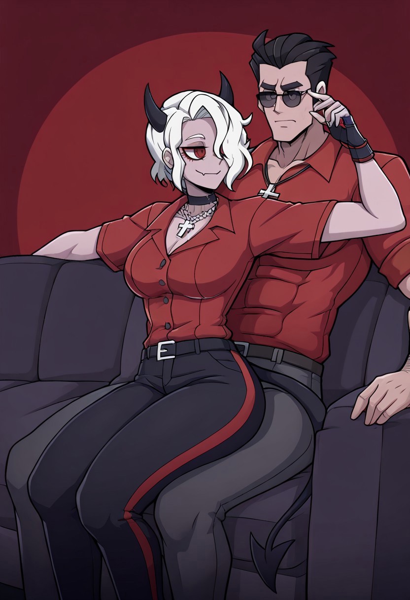 masterpiece, best quality, newest, absurdres, highres, anime, anime style, LPD-V1.0, lapdance, grinding, grinding through clothes, 

1girl, zdrada (helltaker), demon girl, short hair, white hair, horns, demon tail, cross, cross necklace, demon horns, necklace, red eyes, red shirt,

1boy, helltaker (helltaker), black hair, short hair, muscular, muscular male, sunglasses, glasses, sitting, sitting on couch, couch,