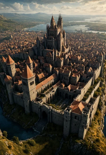 medieval-fantasy aesthetic, photograph, antiquity temples and fantasy mage towers mark distant skyline background , city surrounded by tall robust wall