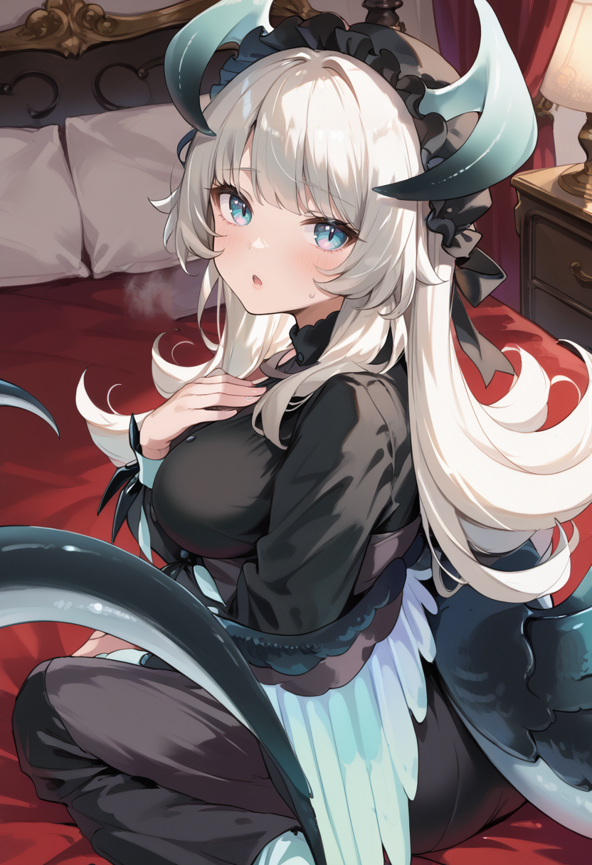 (score_9:0.9),score_8_up,score_7_up,rating_safe,anime style,(zPDXL),<lora:Chamber dragonmaid ponyXL v1:0.74>,chamber dragonmaid,1girl,solo,blush,black maid dress,large breasts,looking back,sitting,hand on own chest,open mouth,dragon wings,sweat,parted lips,sweatdrop,black mob cap,from above,from behind, bedroom, royal