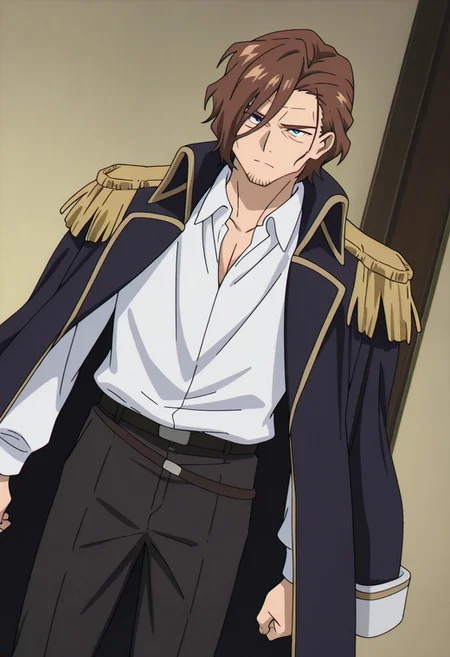 perfect anatomy, perfect proportions, best quality, masterpiece, high_resolution, high quality, best aesthetic, incredibly absurdres, highres, extremely detailed, huge filesize, solo male, adult, mature, masculine, manly, handsome, charming, alluring, standing, upper body, dutch angle, cowboy shot, perfect face, source_anime, anime coloring, Graf Granat, FRRGraf, brown hair, hair parted to one side, facial hair, stubble, blue eyes, sanpaku, FRRGraf_outfit01, white collared shirt, dark blue coat, open coat, coat over shoulders, gold epaulettes, black pants, matching boots,