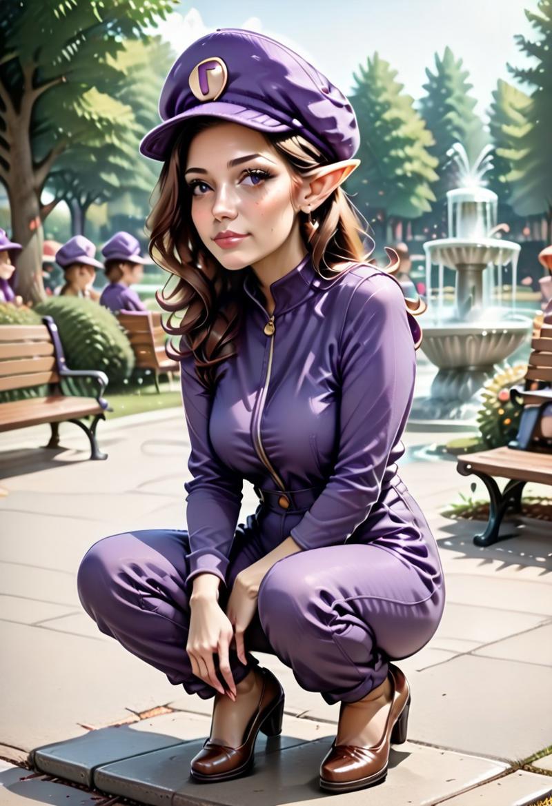 {1woman, solo:3.0, ((adult:3.0)), mature female, full body, Waluette, no mustache:2.0, pointy ears, face framing bangs, brown hair, tiny bust:2.0, slim figure, lanky figure, purple shirt, coveralls, brown shoes, purple hat, hat,  sitting on a bench, }
in a park, bench in a park, fountain in background, 
4kFacePonyXL,
