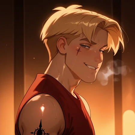 expressive sly face, half-lidded eyes with a cocky gleam, smirking with a lip curl, flushed ears, eye_level:1.2, from the side, looking at viewer, 1boy, male focus, Titanae_Cale, Titanae_Cale_blonde_hair, Titanae_Cale_brown_eyes, wearing Titanae_Cale_red_sleeveless_shirt, Titanae_Cale_right_arm_tattoo, Titanae_Cale_sword_with_thorned_circle_tattoo, shiny skin with neon reflections, drifter_colony_bar, smoky haze and neon signs in purple, ambient steam wisps curling, ultra-realistic tattoo lines sharp and vivid, cinematic depth, masterpiece, absurdres, soft lighting, warm glow, ultra-high quality.
<lora:Titanae_Cale:0.8>, <lora:NoNameStyleVPRED10:0.6> nonamestyle, <lora:Style_4k-data_lora_webui:1>