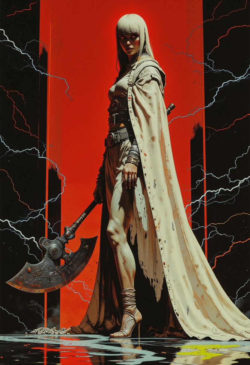 A woman with long, straight white hair cascading down her back, bangs framing her glowing red eyes, stands against a vivid red backdrop. She wears an all-white medieval robe and cloak, the fabric rich and flowing, adorned with intricate silver embroidery across the chest and sleeves. Her cloak billows around her as she wields a massive, double-edged fantasy axe, its blade gleaming with a metallic sheen, decorated with ancient symbols etched into the steel. The background features an optical illusion of sharp black and electric blue lines arranged in a geometric pattern, converging toward the center and creating a sense of movement that warps the space around her. On the floor, an optical illusion of white and lime green lines forms angular, dynamic shapes, weaving through the scene and adding a surreal depth to the setting. Her pose is powerful yet elegant: one foot forward in a strong, grounded stance, body slightly twisted, with one hand gripping the axe’s handle while the other rests on the flowing fabric of her cloak. The red backdrop casts dramatic shadows that accentuate her striking silhouette, intensifying the visual impact of her commanding presence. High quality rendering. 8K.