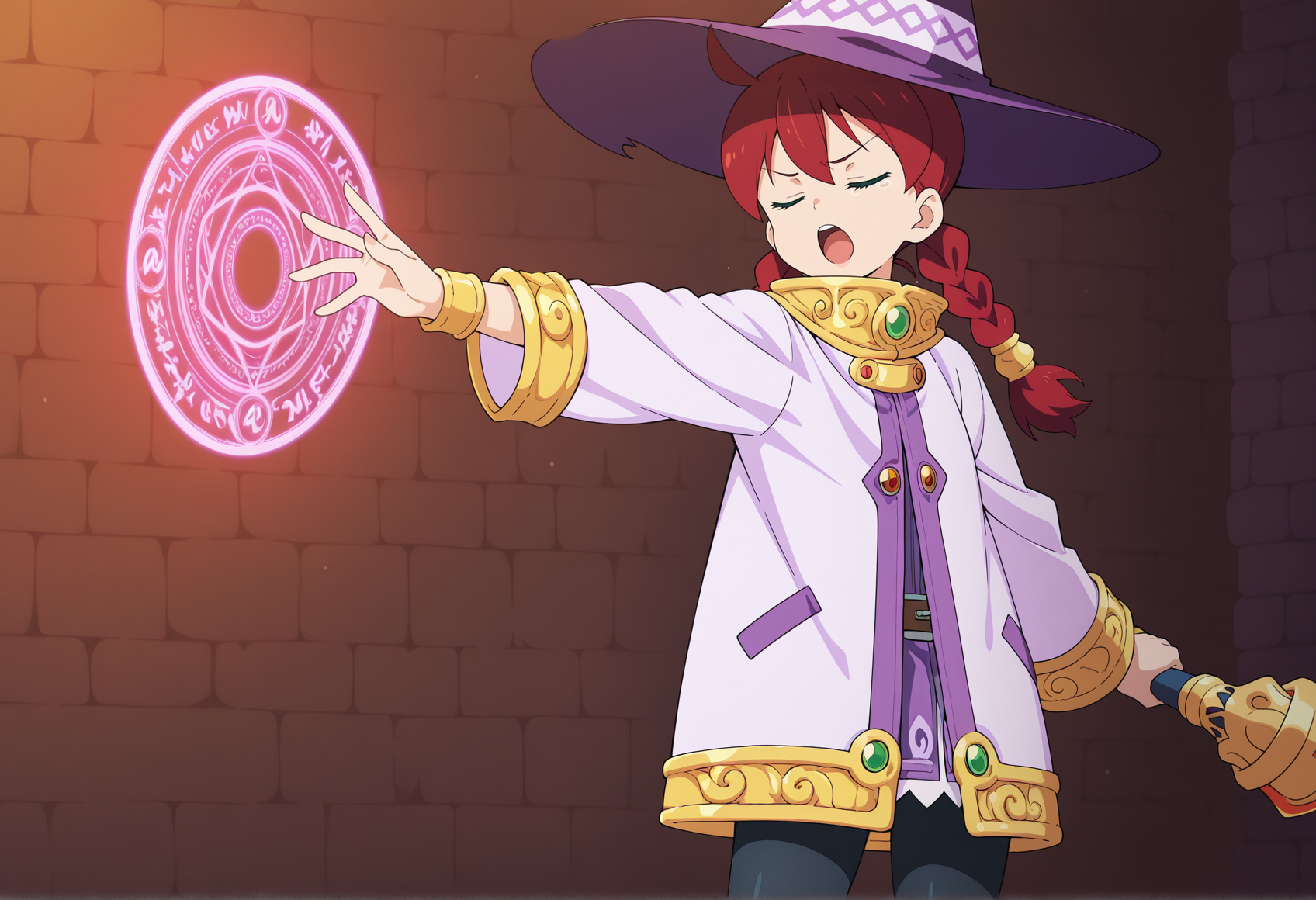 anime screencap, anime coloring, anime screenshot, 1girl, red hair, twin braids, green eyes, witch hat, white cloak, black pantyhose, boots, indoors, standing, dungeon, cowboy shot, casting spell, magic circle, closed eyes, open mouth, holding staff, magic, fire <lora:Sayaka_saru_illus:1> dynamic pose, outstretched arm, masterpiece, best quality, amazing quality, very aesthetic, absurdres, highres, newest
