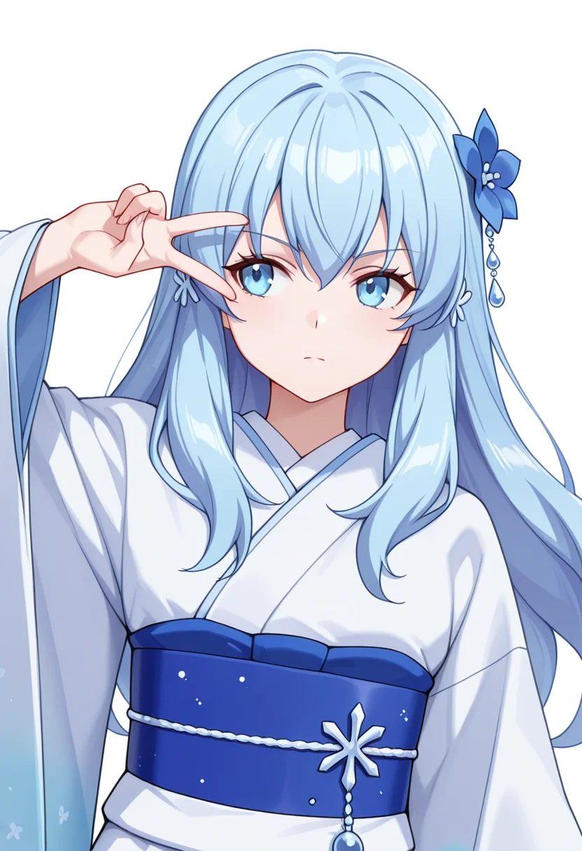 Smooth Quality,masterpiece,very intricate, high quality details, ultra realistic, high detailed skin,detailed enviorement,absurdres,
v over eye,
 <lora:Yusa_CNR:0.8>
yusa_cnr,1girl, blue hair, long hair, bangs, blue eyes,hair flower, 
yusa_cnr_def, japanese clothes, white kimono, yukata, obi, sash, sleeves past wrists,, simple background, white background, front view,solo,, serious,