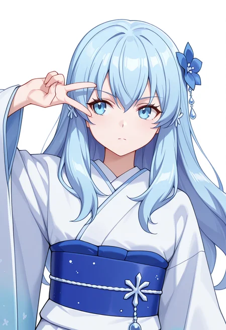 Smooth Quality,masterpiece,very intricate, high quality details, ultra realistic, high detailed skin,detailed enviorement,absurdres,
v over eye,
 <lora:Yusa_CNR:0.8>
yusa_cnr,1girl, blue hair, long hair, bangs, blue eyes,hair flower, 
yusa_cnr_def, japanese clothes, white kimono, yukata, obi, sash, sleeves past wrists,, simple background, white background, front view,solo,, serious,