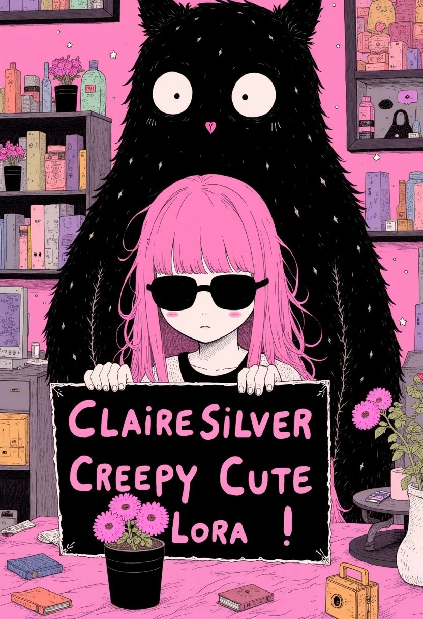 cr33p, wide shot of a ultra cool mysterious goth girl with pink hair wearing black sunglasses, sitting at a computer in a tech infused bedroom, a black spirit monster stands behind her, she is holding a sign that reads, "ClaireSilver CreepyCute Lora on Civitai!", bright color scheme, key visual, vibrant, studio anime, highly detailed