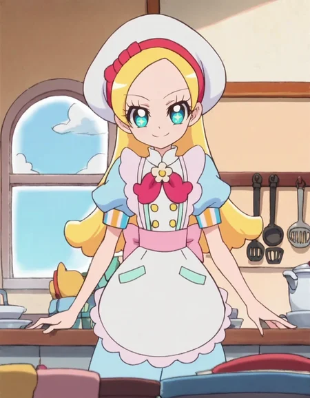 score_9, score_8_up, score_7_up, 1girl, solo, anime screencap, kiraboshiciel, smile, hat,  apron,  looking at viewer,   puffy sleeves, white headwear,  puffy short sleeves, bow, blue dress, closed mouth, beret,   cowboy shot,small breasts,<lora:kiraboshiciel:0.8>