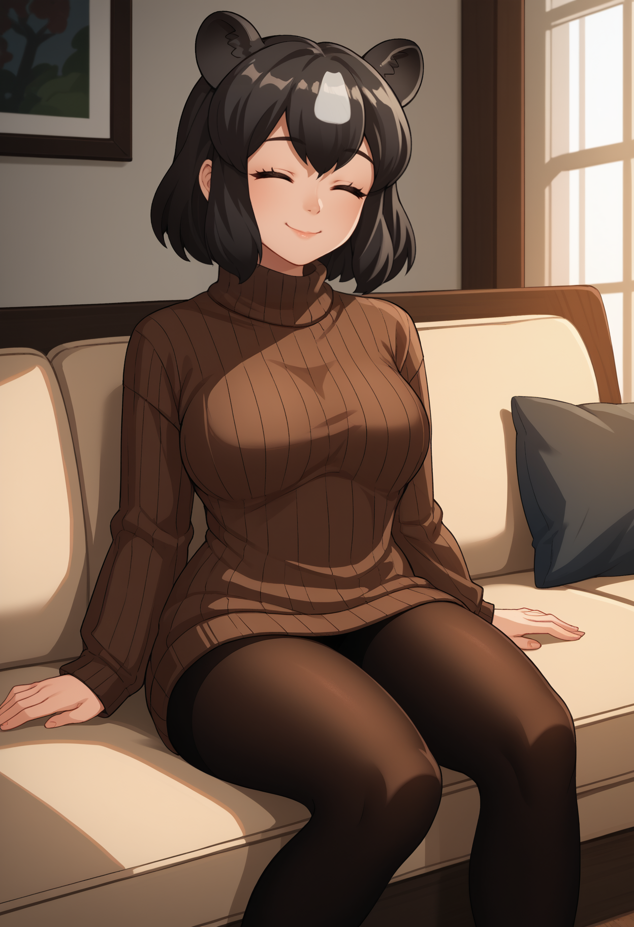 score_9, score_8_up, score_7_up, source_anime, <break> solo, 1girl, br0wnb3ar, bear girl, smile, sitting, couch, multicolored hair, black hair, brown hair, white hair, animal ears, extra ears, closed eyes, brown sweater, sweater dress, ribbed sweater, turtleneck, black pantyhose, indoors, living room
<segment:yolo-face_yolov8m.pt,0.4,0.5//cid=1>