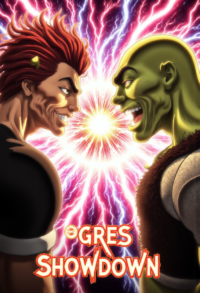Movie poster of the movie called "Ogres Showdown" in Manga and Anime cartoon style including two characters facing off, standing agains each others. the title "Ogres Showdown" in on top of the poster The first character is Yujiro Hanma, muscular warrior with spiky red hair that wears a black sleveless shirt and also black pants, Yujiro stands in the left part of the poster, yujiro smiles in exaggerated expression
Again him in the right part of the poster stands Shrek, they both throw a punch and thier fist meet in the middle of the poster.
On the place where their fists connect appers red lightning auralora, they are looking intro each others eyes.
Shrek opens his mouth in angry roar. 
aidmatextimprover