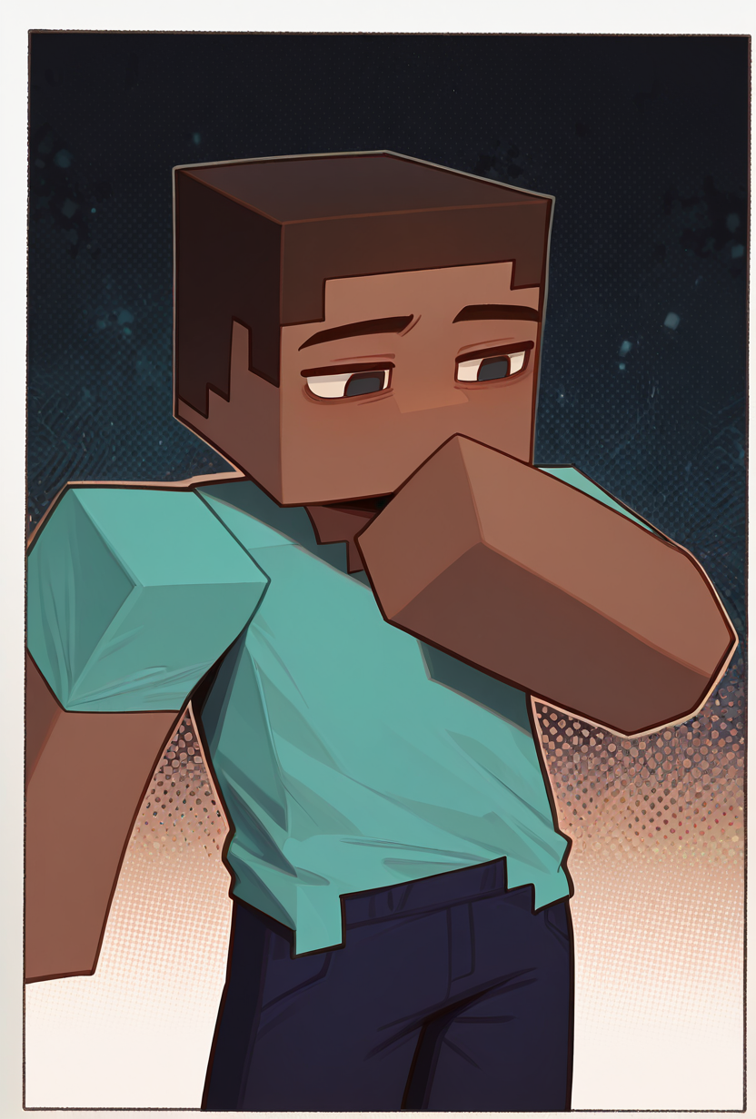 <lora:stevemc-08:1> stevemc, 1boy, male focus, cyan shirt, brown hair, dark-skinned male, dark blue pants, square,, masterpiece, best quality, amazing quality, very aesthetic, absurdres, newest,, upper body, halftone effect, white borders, abstract background:1.2,