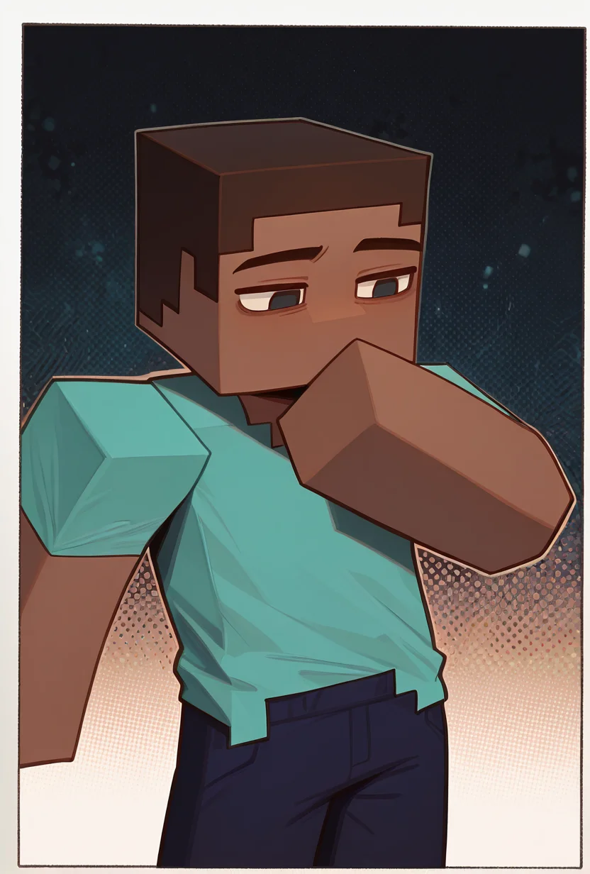 <lora:stevemc-08:1> stevemc, 1boy, male focus, cyan shirt, brown hair, dark-skinned male, dark blue pants, square,, masterpiece, best quality, amazing quality, very aesthetic, absurdres, newest,, upper body, halftone effect, white borders, abstract background:1.2,
