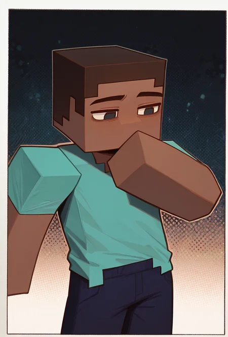 <lora:stevemc-08:1> stevemc, 1boy, male focus, cyan shirt, brown hair, dark-skinned male, dark blue pants, square,, masterpiece, best quality, amazing quality, very aesthetic, absurdres, newest,, upper body, halftone effect, white borders, abstract background:1.2,