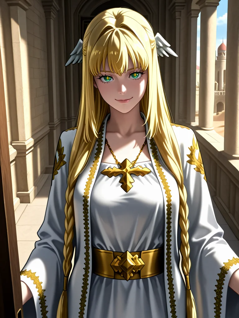 masterpiece,high quality,highres,absurdres,(<lora:Dolores Quovadis22:1>,1 girl,solo,long hair straight hair,blonde hair,thick braid,long braid,straight fringe,wing hair ornament,green eyes,cross pupils || Dolores_Quovadis_ceremonial,white ceremonial dress,long robe,gold embroidery,golden trim,wide sleeves,high waist sash),seductive smile,cute face,
desert heat shimmer around a towering castle, a female knight standing guard at the entrance.,
<lora:Half_Art_Style_IL:1>,
