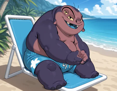 score_9,score_8_up,score_7_up,source_anime,source_furry,1boy,side view,best quality,masterpiece,absurdres,newest,<lora:Jumba_Jookiba_ILXL-000010:1>,jumba,an alien character sitting in a pool chair,(four eyes:1.3),purple skin,large head,small ears,(four fingers on hands:1.3),yellow Sclera,solid black dot pupils,smiling,looking at viewer,dressed in blue swimming trunks with no shirt,open mouth,chubby butt,half closed eyes,spread legs,circular nose,plump body,stubby legs,three large dark colored toenails,head embeded into body,(solid circular feet),(small ears:0.7) BREAK exterior,hawaii beach background,sunny day,four fingers on each hand,dull dark colored claws on hands,thick stubby short legs,