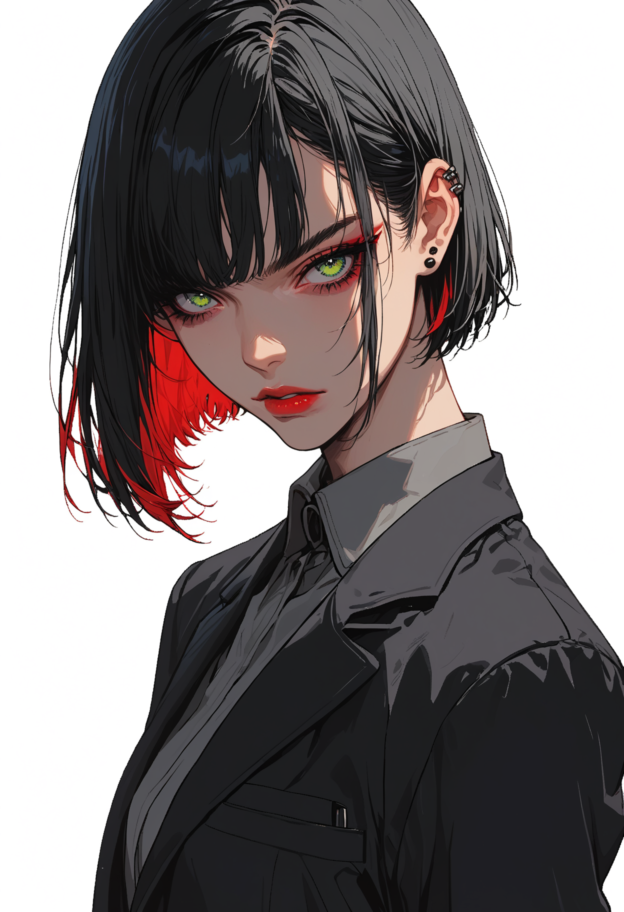 score_9, score_8_up, score_7_up,source_anime,1girl,solo,(two tone hair),black hair,red hair,short hair,bob cut,swept bangs,emerald eyes,perfecteyes,eyebrows,hair behind ear,hair covering eye,asymmetrical hair cut,grey shirt,black blazer,red lining,looking at viewer,sinozick,flat colors,office lady