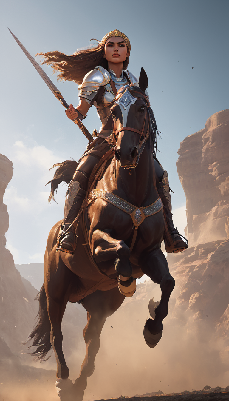 A beautiful female warrior riding on a horse though a stunning scene, cinematic scene, hero view, action pose, detailed background, masterpiece, best quality, high quality, highres, absurdres, Greg Rudkowski <lora:greg_rutkowski_xl_v1:1>