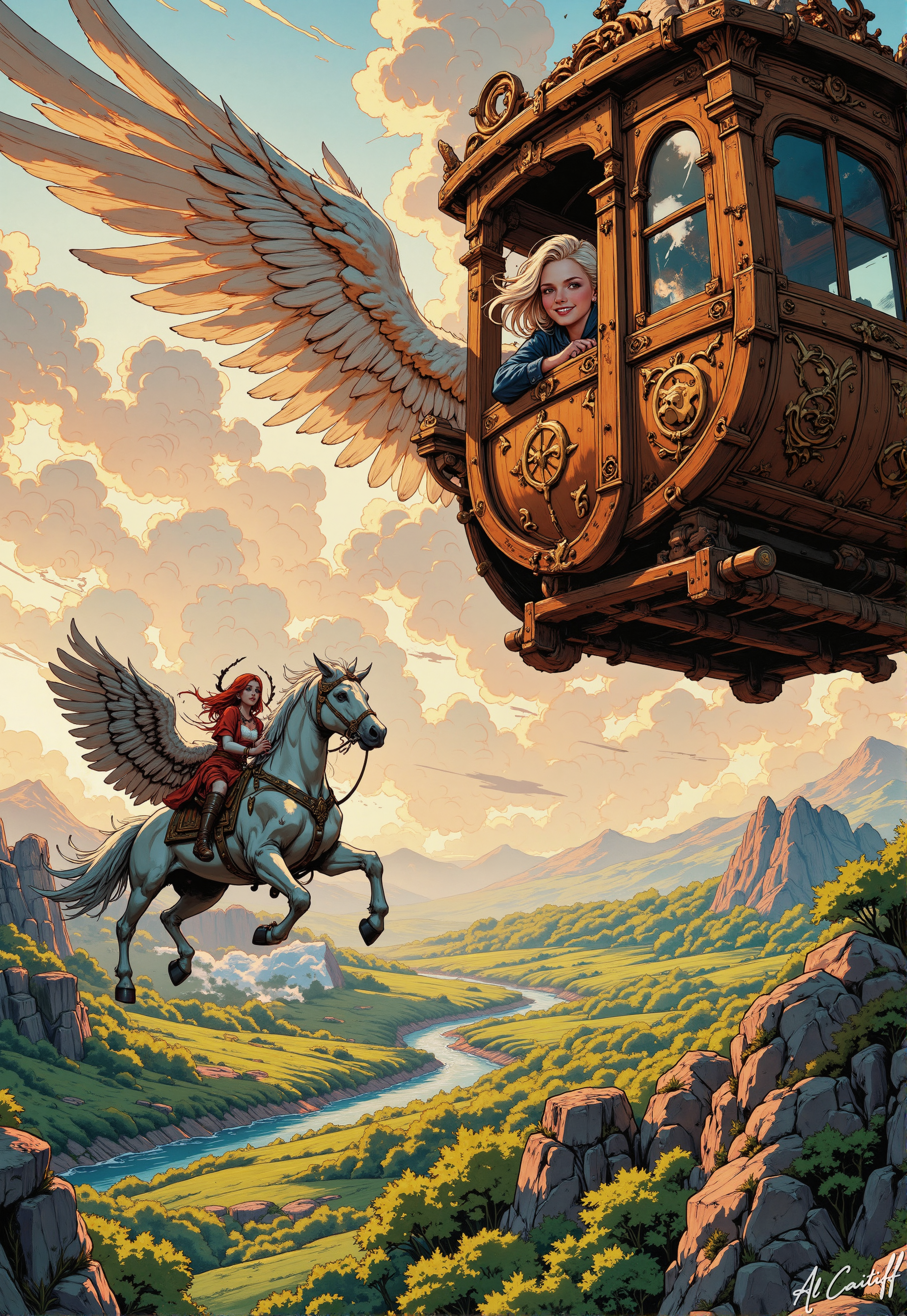 A magical fantasy scene with a richly detailed, ornate wooden flying carriage with large angelic wings soaring through a sunset sky filled with fluffy golden clouds. A smiling young woman with silver-blonde hair leans joyfully out of the carriage window. Below, a majestic white winged horse with golden spots flies upward through the clouds, carrying a warrior woman with flowing red hair and a red outfit, leather armor, and boots. The landscape below features a lush, green valley with a winding river, scattered forests, and rocky cliffs. In the background, soft golden light bathes distant mountains under a vibrant, painterly sky. Highly detailed, whimsical, cinematic lighting, epic fantasy art style., WackyBrightDaal, MysticComic<lora:Flux/wacky-bright-illustration.safetensors:0.5000000000000001:0.5000000000000001> <lora:CustomFlux/MysticComic-v3.safetensors:0.5000000000000001:0.5000000000000001> <lora:Flux/It's a LoRA for portraits, BUT! actually specialized in backgrounds. v1.0.safetensors:0.25000000000000006:0.25000000000000006>