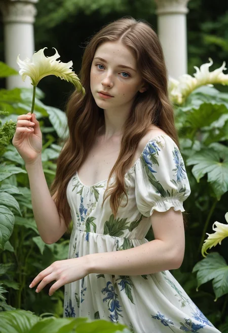 A young woman, wearing a white floral dress, in a verdant flowering botanical garden. She plays with the hem of her dress and a flowering acanthus. (luc14nn4, freckles on her nose, long hair, brown hair, expressive blue eyes, soft pale skin.)