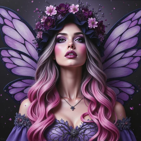 oil painting portrait in the style of Keith Garvey, a boujee fairy, with large iridescent wings, with long, wavy pink and black hair cascading down her shoulders. gorgeous eyes, with dark, dramatic purple eyeshadow and long, thick lashes. Her lips are painted a deep purple, She wears a periwinkle spring dress with intricate patterns and a dark veil adorned with delicate purple and pink flowers. blossoms fall gently in the background, creating a mystical and ethereal atmosphere. starry bg <lora:Detailer2K:0.40> <lora:Dever_Flux_Enhancer:0.50> <lora:Midjourney_-_SemiReal_Dreams_FLUX_LoRA:0.45> <lora:rendered_face_test:0.45> <lora:TEST_1:0.50> <lora:OBååå®èåç»V2.0 semi realistic colored pencil potrait:0.55> <lora:Flux.Daddario:0.45> <lora:JessicaAlbaV1:0.45>