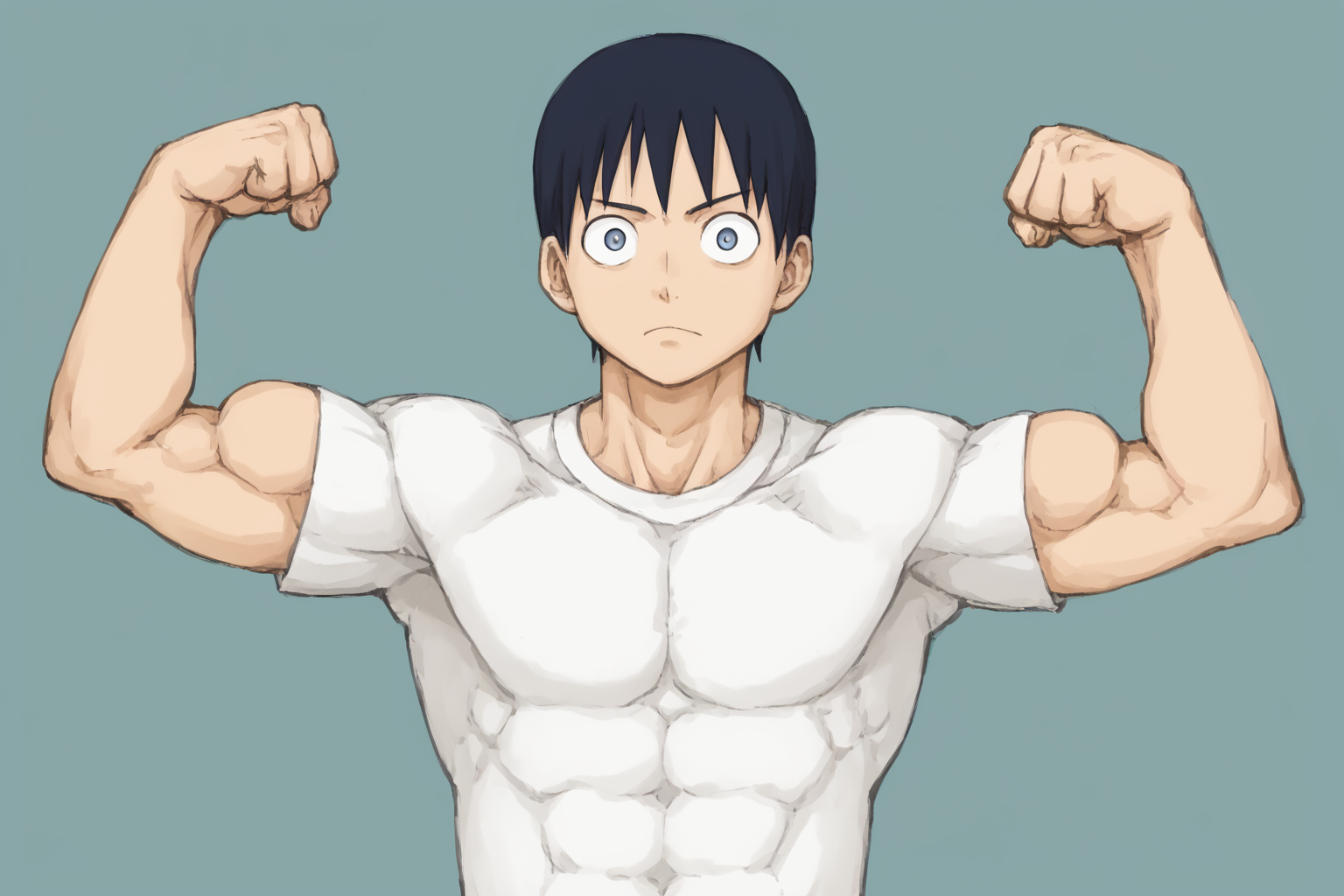 <lora:SlimesAtsushiOhkuboStyle:1>, slimes_atsushistyle, male, upper body portrait, big eyes, top knot, tight t-shirt, flexing, art by Atsushi Ohkubo