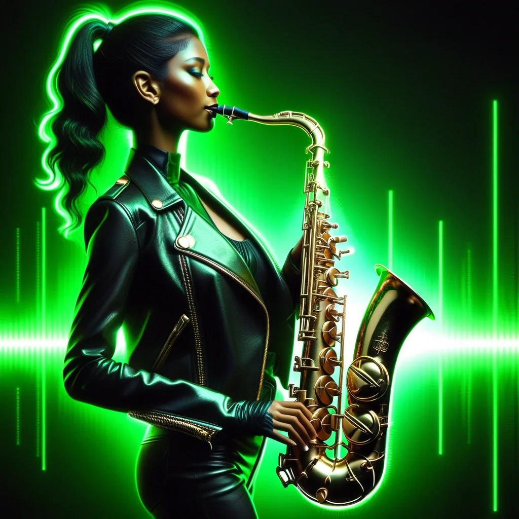 woman, SAX, neon, soundwaves, cool, realistic, music, album cover, abf_cover <lora:ABF_AlbumCover_2:1.1>, realistic, <lora:add-detail-xl:.4>, green