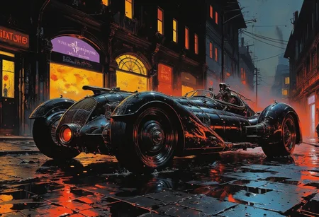 A futuristic black car with an ornate, gothic-inspired design, resting on a wet street, illuminated by neon reflections on the rain-soaked cobblestones. The custom-made vehicle boasts a streamlined body with large, bold, low-profile wheels that exude power and precision. Its intricate metallic details feature sculpted ornamentation, blending gothic elegance with high-tech futurism. Dramatic lighting cuts through the foggy night, casting long shadows and creating a striking color contrast of glowing neon blues and purples against the sleek black surface of the car. The scene combines gothic sci-fi with Renaissance aesthetics, framed as a masterpiece painting of futuristic high-tech beauty.,deep contrasting shadows, gloss,
detailed,vibrant,colorful,color contrast,(dramatic lighting),Picture-perfect image, fog,light particles,expressive,cinematic,((no humans)),UHD,absurdes,visionary,scifi noir.crimson, yellow and purple,close-up,zoomed,centered