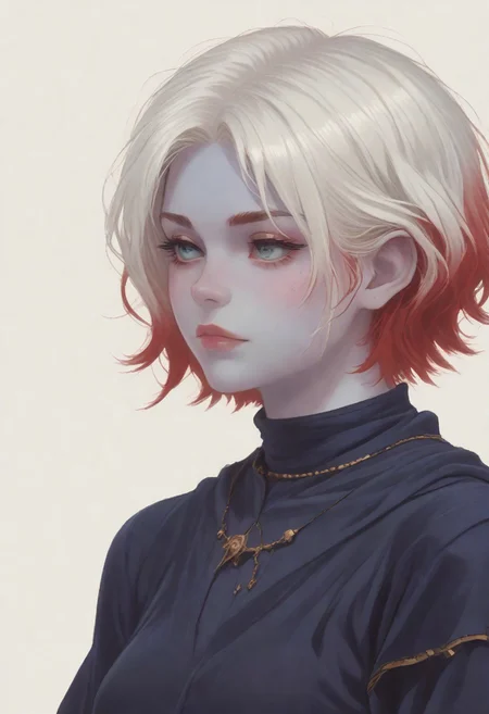 score_8_up, score_7_up, score_6_up, dnd <lora:dnd_flat:0.95> 1girl tiefling, portrait, short horns, blue skin <lora:Crude:0.6> (wizard clothes:1.2) , jewelry, short BOB hair, WHITE hair, close up, side view, RED HAIR
WHITE BACKGROUND
