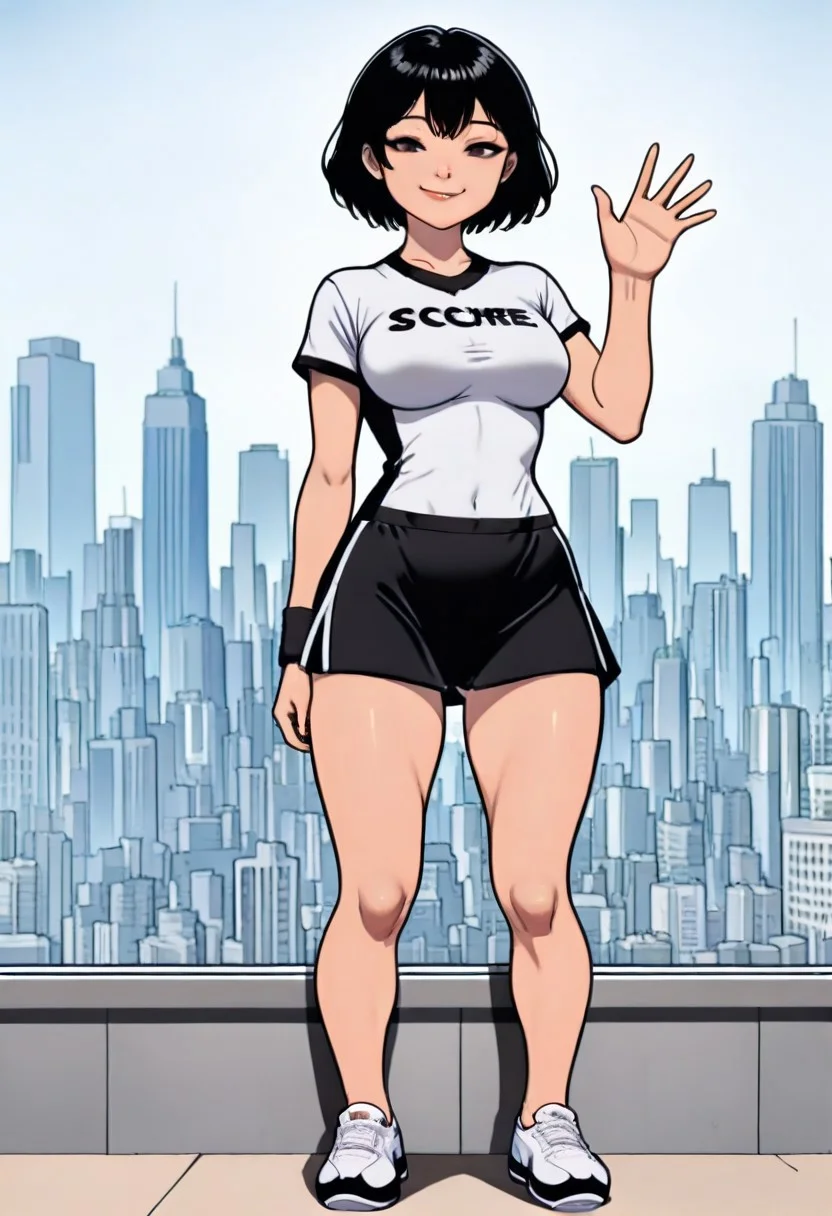 score_9, score_8_up, score_7_up, (solo), (1girl), black hair, medium breasts,  
wearing t-shirt, black biker short, tennis shoes,
subtle smile,
(standing), (waving one hand), 
(cityscape background), 
(full body focus),
(masterpiece), (amazing artwork), (painstakingly detailed), (Cartoon),