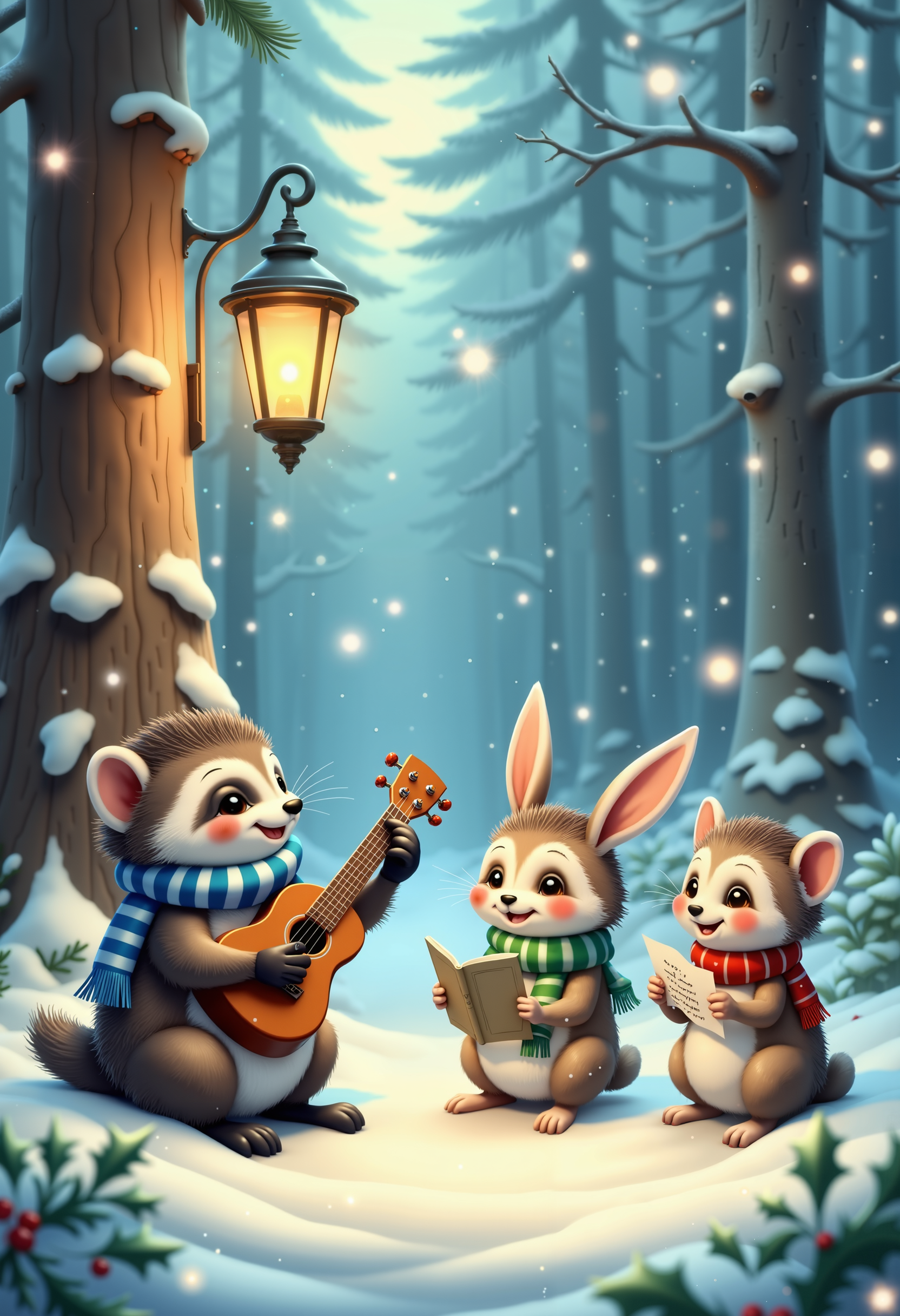 bo-christmas, christmas mood, a digital illustration depicting a whimsical winter scene featuring four small, anthropomorphic hedgehogs and raccoons, the scene is set in a snow-covered forest with a vintage-style streetlamp in the background, casting a warm, golden glow, the raccoon on the left is playing a ukulele, wearing a blue and white striped scarf, the rabbit in the center is standing with a green scarf around its neck, holding a sheet of music and singing, to the right, the hedgehog on the right is standing, facing the viewer with a cheerful expression, holding the sheet music, the other hedgehog is also wearing a red and white scarf, also holding a book, the background features a blurred, bokeh effect of snowflakes falling, creating a dreamy, ethereal atmosphere, the trees in the distance are tall and slender, covered in snow, adding to the winter wonderland, the overall color palette is soft and muted, with shades of blue, green, and white, enhancing the winter theme, the illustration is highly detailed, with soft textures and realistic shading, giving it a lifelike quality, high quality, ultra detailed, colorful, abstract, fantasy.<lora:Flux\boFLUX Christmas Dreams.safetensors:1.0:1.0>