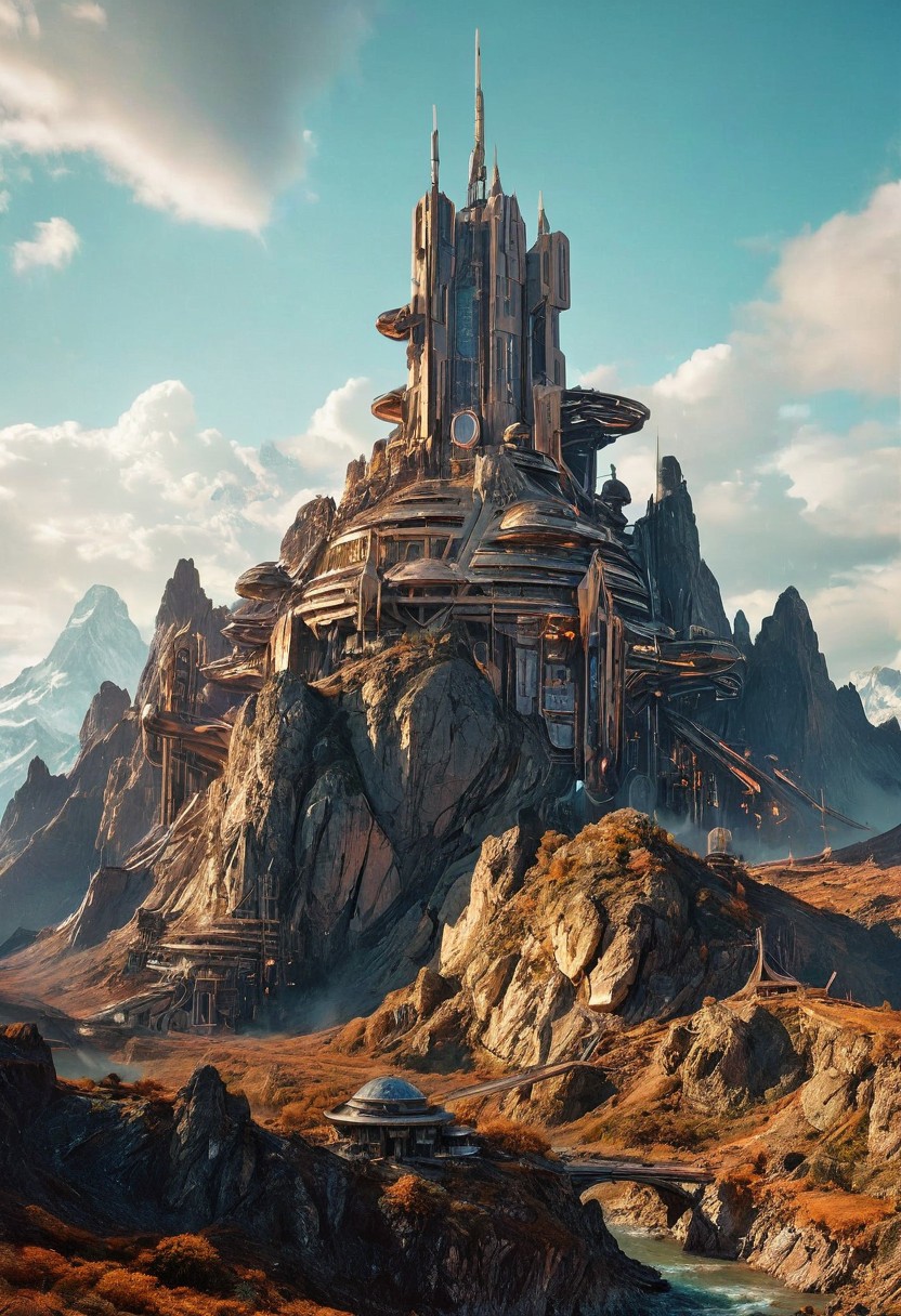 Visualize a futuristic mountain , symbolizing online community in the style of incorporate elements that evoke a sense of building with a large spaceship complex, elegant, expansive, fantastical, film photography style, heavy grain