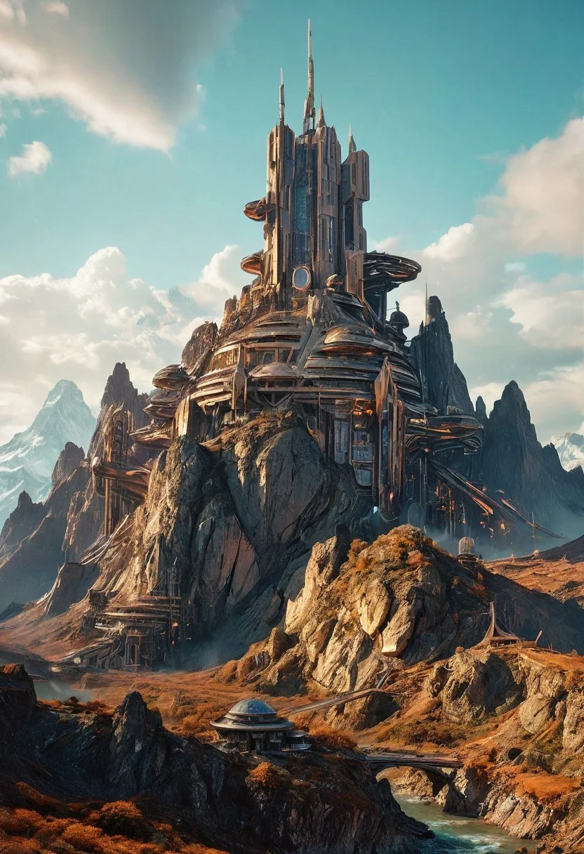 Visualize a futuristic mountain , symbolizing online community in the style of incorporate elements that evoke a sense of building with a large spaceship complex, elegant, expansive, fantastical, film photography style, heavy grain