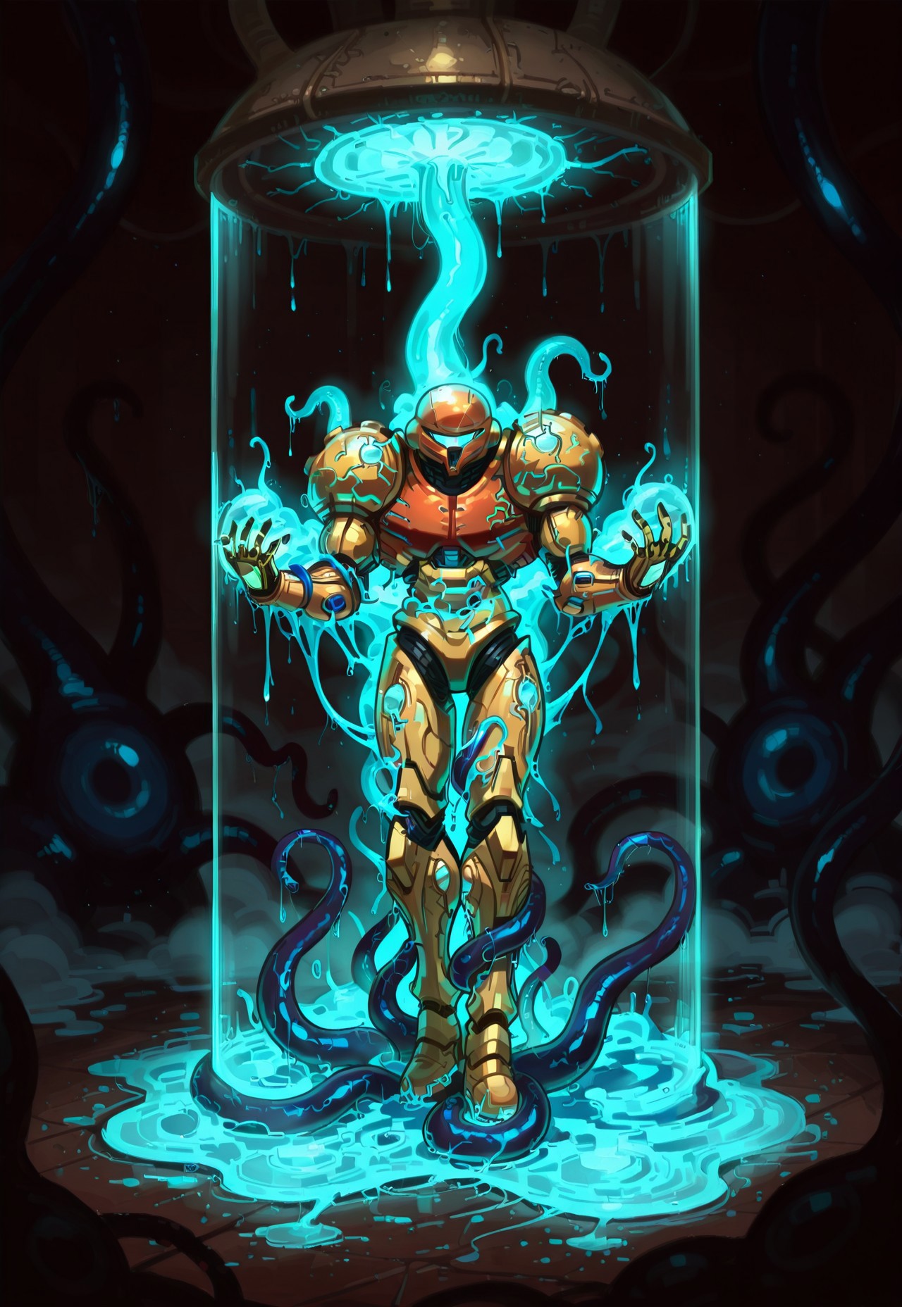 score_9, score_8_up, score_7_up, motion lines, skindentation, volumetric lighting, cinematic lighting, sensual atmosphere, 
BREAK
solo, samus helmet, helmet on the ground, helmet only, helmet, phazon tentacles, ((no humans:1.5)), ((tentacles:1.4)), slime \(substance\), blue glow, filled with tentacles, (heavy fog:1.4), armor behind glass, standing up, tentacles inside glass
BREAK
on floor, alien spaceship interior, atmospheric, cold, 