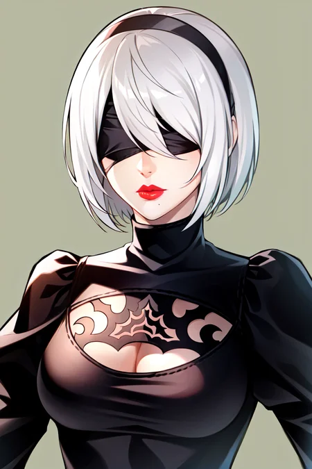 yorha no. 2 type b, 1girl, blindfold, breasts, cleavage, cleavage cutout, clothing cutout, green background, hair between eyes, hairband, highres, juliet sleeves, long sleeves, mole, mole under mouth, nier (series), nier automata, oni gini, puffy sleeves, red lips, shaded face, short hair, solo, turtleneck, upper body, white hair,
<lora:yorha_noDOT_2_type_b:0.5>