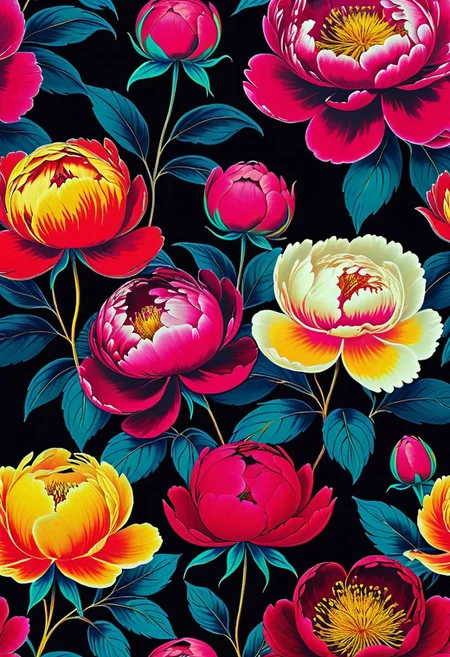 impactful color paint of Flowers painted on a dark wall with patterns. Peonies on the wall. Design for walls, photo wallpaper, wallpaper, murals, cards, postcards, paintings. <lora:Bold_Pop:0.6> ...........  highly detailed, vibrant colors , 8k, sharp, professional, clear, high contrast, high saturated, , vivid deep blacks, crystal clear