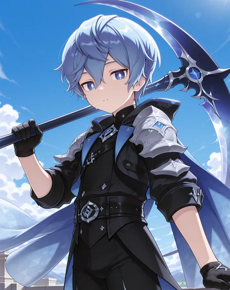 masterpiece, amazing quality, best quality, absurdres, very aesthetic,
1boy, solo, yaoi, male focus, cowboy shot, upper body, looking at viewer, face focus,
<lora:Noah_Liberator_ilxl:1> noahlb, blue eyes, blue hair, hair between eyes, short hair, white pupils,
black gloves, shoulder armor, black pants, blue cape, pauldrons, hood down, belt, sleeves rolled up, black jacket, black footwear, shoes,
scythe, holding weapon, holding scythe,
outdoors, day, blue sky,