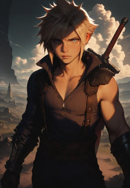 HDR, 8K, high contrast, masterpiece, best quality, amazing quality, very aesthetic, realistic, newest, volumetric lighting,
(artist:incase:0.5), (artist:tsuaii:0.5), (flat colors:1.1), 1man, 1boy, muscular, Cloud Strife(final fantasy 7), action shot, looking at the viewer, (sword slash:0.8)