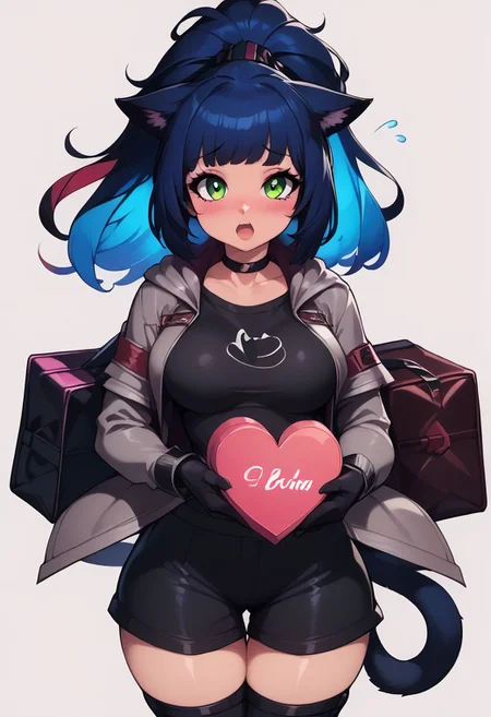 score_9, score_8_up, score_8, medium breasts, (curvy),((1girl)), cute, eyelashes,       neon lights,  looking at viewer, 
patJessica, cat ears, ponytail, green eyes, multicolored hair, cat girl, blue hair, black hair, cat tail, long hair,   
heart-shaped box, open mouth, looking at viewer, valentine, white background, black gloves, black shirt, open jacket, knee pads, blush, simple background, flying sweatdrops, grey jacket, collarbone, long sleeves, black shorts, holding gift, medium breasts, bag, choker, holding box,
zPDXL,