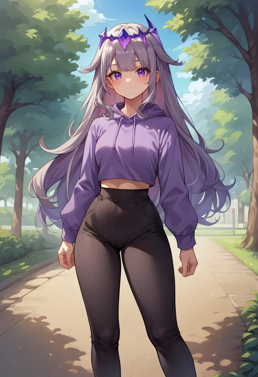score_9, score_8_up, source_anime, 1girl, solo, KosekiBijou, long hair, hair flaps, floating headpiece, outdoors, park, purple hoodie, high-waist pants, yoga pants, black pants, light blush, <lora:ChamKosekiBijouPonyXL:1>