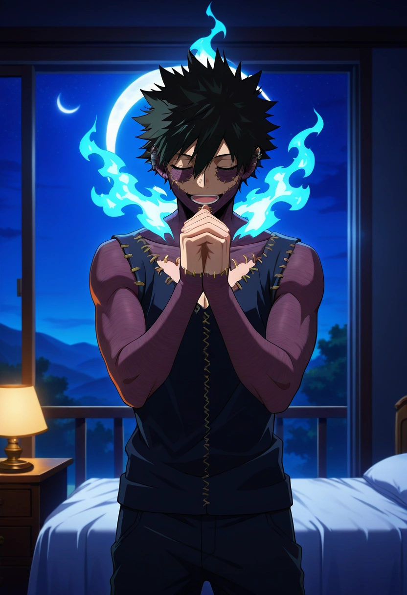 masterpiece, best quality, intricate details, anime screencap, , official style, , 1boy, solo, male focus, <lora:dabi_bnha_ilxl:0.9>, dabi_bnha, black hair, blue eyes, short hair, spiked hair, hair between eyes, messy hair, bangs, scar, burn scar, scar on face, piercing, ear piercing, stitches, blue fire, cowboy shot, bedroom, bed, nightstand, night, crescent moon, singing, (closed eyes:1.2), smile,
