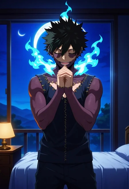 masterpiece, best quality, intricate details, anime screencap, , official style, , 1boy, solo, male focus, <lora:dabi_bnha_ilxl:0.9>, dabi_bnha, black hair, blue eyes, short hair, spiked hair, hair between eyes, messy hair, bangs, scar, burn scar, scar on face, piercing, ear piercing, stitches, blue fire, cowboy shot, bedroom, bed, nightstand, night, crescent moon, singing, (closed eyes:1.2), smile,