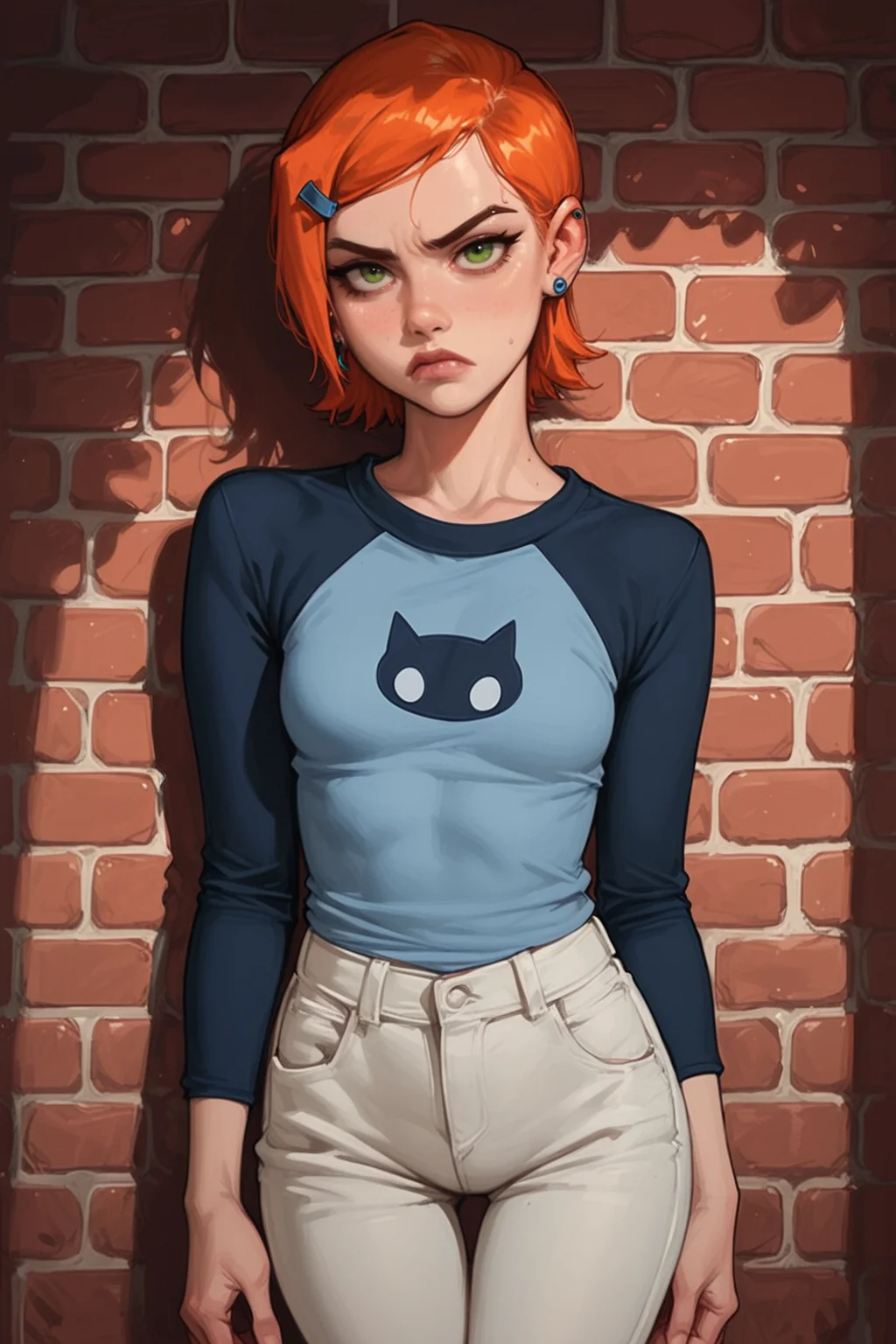 1girl, solo, pants, hair ornament, short hair, orange hair, green eyes, raglan sleeves, hairclip, looking at viewer, jewelry, earrings, white pants, stud earrings, brick wall, shirt, electricity, denim, cowboy shot, long sleeves, blue shirt, jeans, closed mouth, standing, frown, small breasts, Gwen Tennyson (Ben10), zPDXL3, detailxl, Score_PnyReal