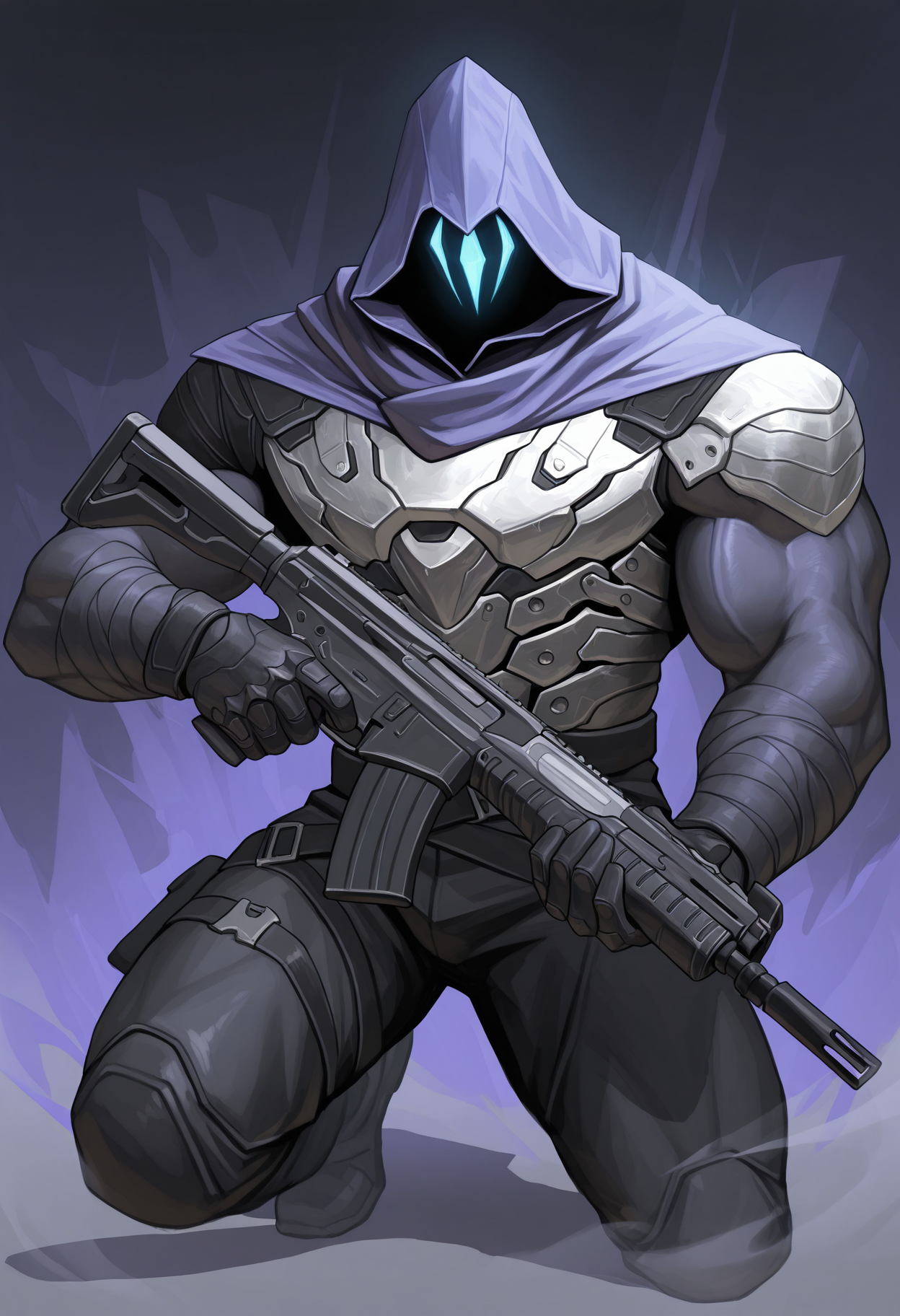 solo, dynamic pose, purple fog, omen, hood, shadow, abstract background, holding weapon, assault rifle, male focus, muscular, belt, armor, detailed, perfect anatomy, masterpiece, high quality, best quality, highres, aesthetic <lora:Omen_Valorant_V1_ILXL:0.8> <lora:detailed_notrigger:1>
