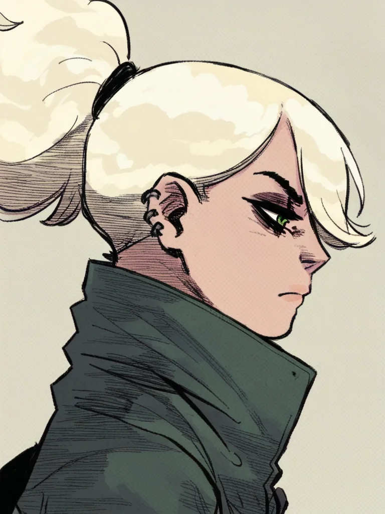 score_9, score_8_up, score_7_up,
1girl, erica slaughter, green eyes, ponytail, blonde hair, hair over one eye, ear piercing,
from side, green jacket, frown, narrowed eyes, profile, simple background,