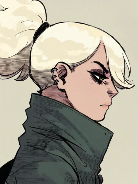 score_9, score_8_up, score_7_up, 
1girl, erica slaughter, green eyes, ponytail, blonde hair, hair over one eye, ear piercing, 

from side, green jacket, frown, narrowed eyes, profile, simple background,