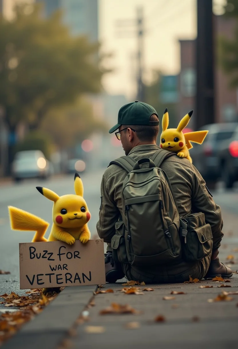 realistic photo of pikachu sitting on the curbside with his human buddy who is a lieutenant, begging on the curbside in a small town,rugged and tiny pikachu sits on veterans shoulder next to a dirty cardboard a sign that says "Buzz for war veteran", realistic, cinematic,bokeh