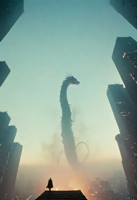 Low Angle Shot, eastern dragon by franco fontana, Blade Runner Style, Capture the awe-inspiring sight of a colossal, mystical Chinese eastern dragon weaving through a labyrinth of a dystopian mega city skyline, its luminous, semi-transparent form illuminated against the night sky.
atmospheric haze, Film grain, cinematic film still, shallow depth of field, highly detailed, high budget, cinemascope, moody, epic, OverallDetail, gorgeous, 2000s vintage RAW photo, photorealistic, candid camera, color graded cinematic, eye catchlights, atmospheric lighting, skin pores, imperfections, natural, shallow dof